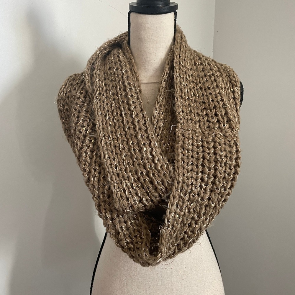 Tan Brown Chunky Knit Infinity Scarf‎ Gold Metallic Sequin Ribbed Loop Boho Chic